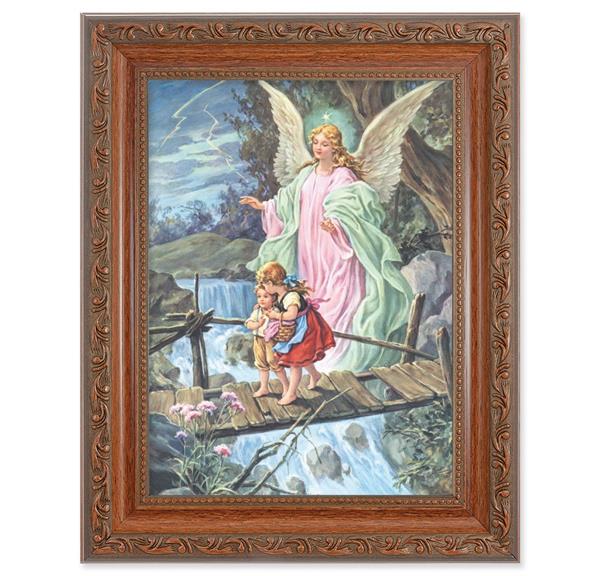 Guardian Angel with Children Picture, 8-1/4"x10-1/4 Mahogany Finish with Acanthus Leaf Detail Under Glass # 27830