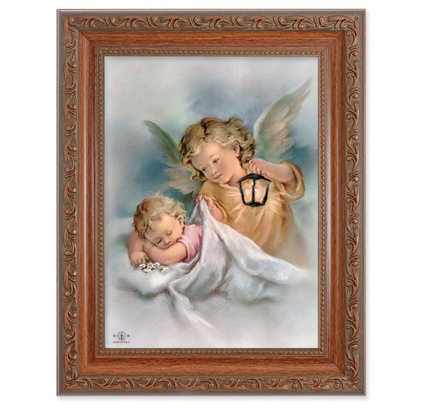Guardian Angel with Lamp Over Baby Picture, 8-1/4"x10-1/4 Mahogany Finish with Acanthus Leaf Detail Under Glass # 27832