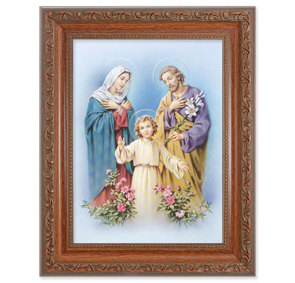 Holy Family Picture, 8-1/4"x10-1/4 Mahogany Finish with Acanthus Leaf Detail Under Glass # 27833