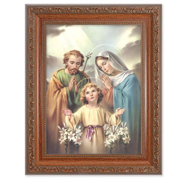 Holy Family Picture, 8-1/4"x10-1/4 Mahogany Finish with Acanthus Leaf Detail Under Glass # 27834