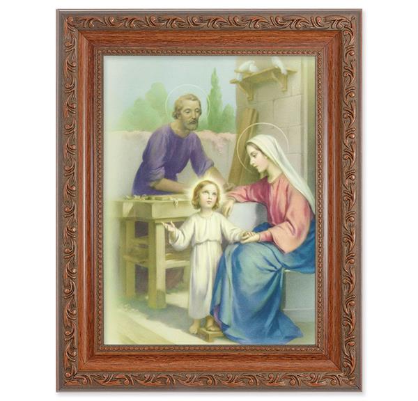 Holy Family Picture, 8-1/4"x10-1/4 Mahogany Finish with Acanthus Leaf Detail Under Glass # 27836