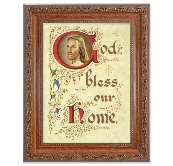 God Bless Our Home Picture, 8-1/4"x10-1/4 Mahogany Finish with Acanthus Leaf Detail Under Glass # 27841