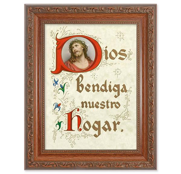 Spanish God Bless Our Home Picture, 8-1/4"x10-1/4 Mahogany Finish with Acanthus Leaf Detail Under Glass # 27842