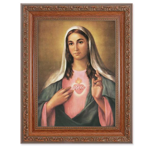 La Fuente: Immaculate Heart of Mary Picture, 8-1/4"x10-1/4 Mahogany Finish with Acanthus Leaf Detail Under Glass # 27848