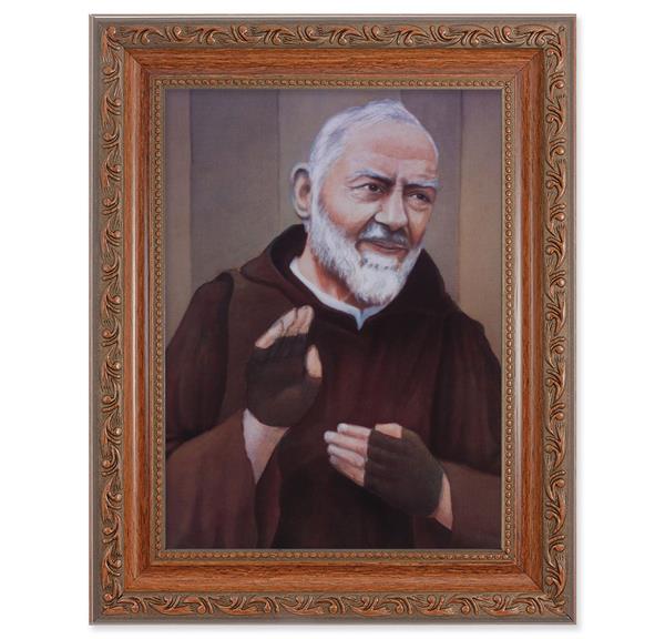 St. Padre Pio Picture, 8-1/4"x10-1/4 Mahogany Finish with Acanthus Leaf Detail Under Glass # 27849
