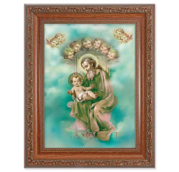 St. Joseph and Child Enthroned Picture, 8-1/4"x10-1/4 Mahogany Finish with Acanthus Leaf Detail Under Glass # 27851