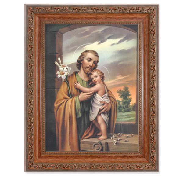 St. Joseph & Child Picture, 8-1/4"x10-1/4 Mahogany Finish with Acanthus Leaf Detail Under Glass # 27852