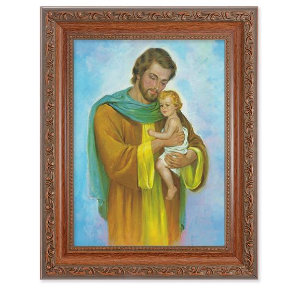 St. Joseph & Child Picture, 8-1/4"x10-1/4 Mahogany Finish with Acanthus Leaf Detail Under Glass # 27857