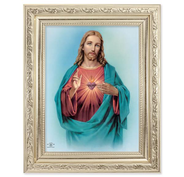 Sacred Heart Picture, 8-1/4"x10-1/4 Antique Silver Finish with Acanthus Leaf Detail Under Glass # 27858