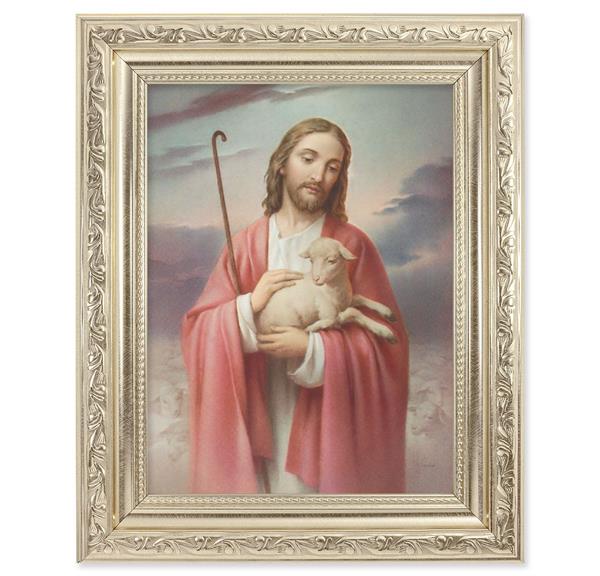 Good Shepherd Picture, 8-1/4"x10-1/4 Antique Silver Finish with Acanthus Leaf Detail Under Glass # 27859