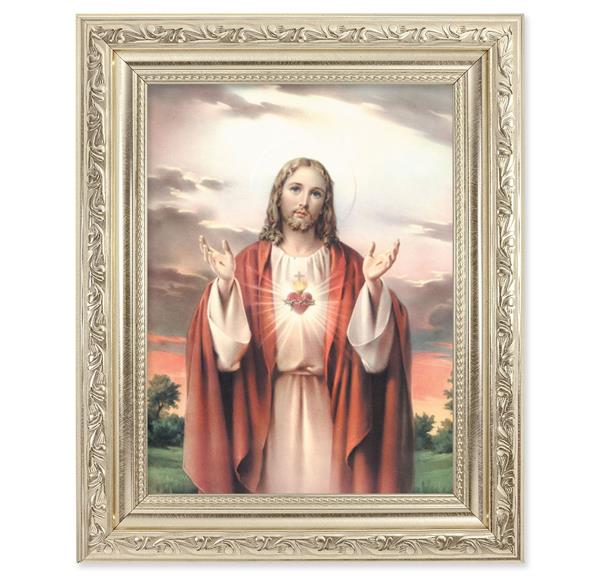 Sacred Heart of Jesus Picture, 8-1/4"x10-1/4 Antique Silver Finish with Acanthus Leaf Detail Under Glass # 27860