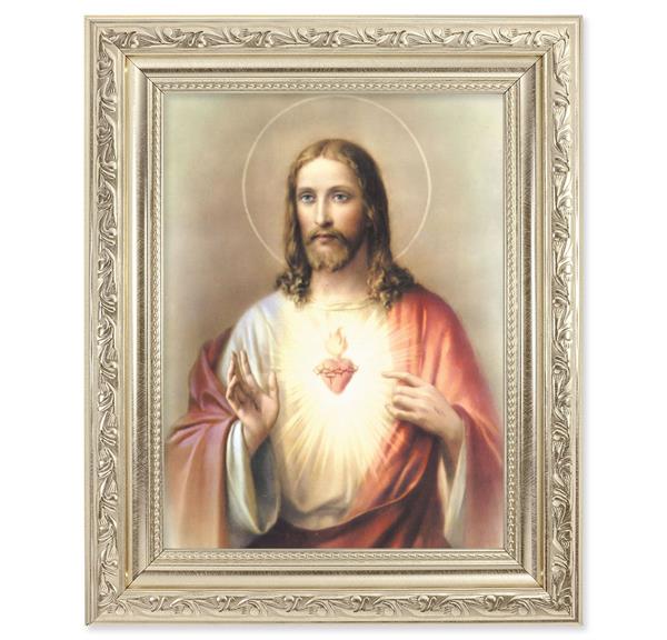 Sacred Heart of Jesus Picture, 8-1/4"x10-1/4 Antique Silver Finish with Acanthus Leaf Detail Under Glass # 27862