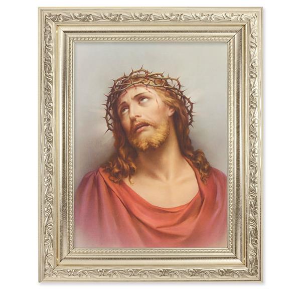 Christ in Agony Picture, 8-1/4"x10-1/4 Antique Silver Finish with Acanthus Leaf Detail Under Glass # 27863