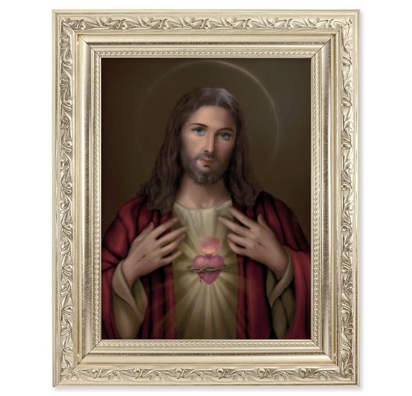 Sacred Heart of Jesus Picture, 8-1/4"x10-1/4 Antique Silver Finish with Acanthus Leaf Detail Under Glass # 27864