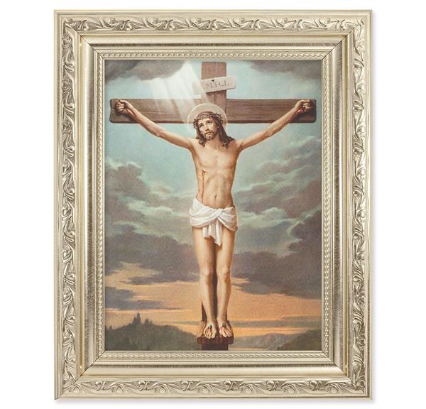 Crucifixion Picture, 8-1/4"x10-1/4 Antique Silver Finish with Acanthus Leaf Detail Under Glass # 27866