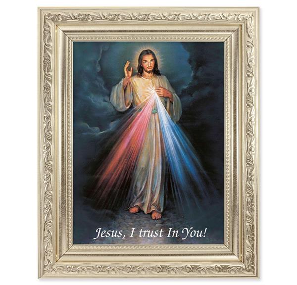 Divine Mercy Picture, 8-1/4"x10-1/4 Antique Silver Finish with Acanthus Leaf Detail Under Glass # 27867