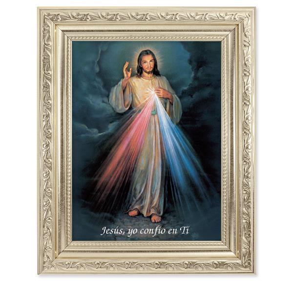 Spansh Divine Mercy Picture, 8-1/4"x10-1/4 Antique Silver Finish with Acanthus Leaf Detail Under Glass # 27868