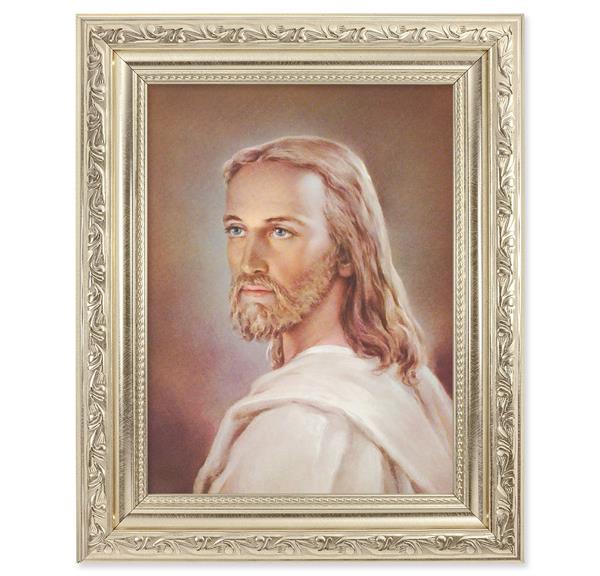 Head of Christ Picture, 8-1/4"x10-1/4 Antique Silver Finish with Acanthus Leaf Detail Under Glass # 27869