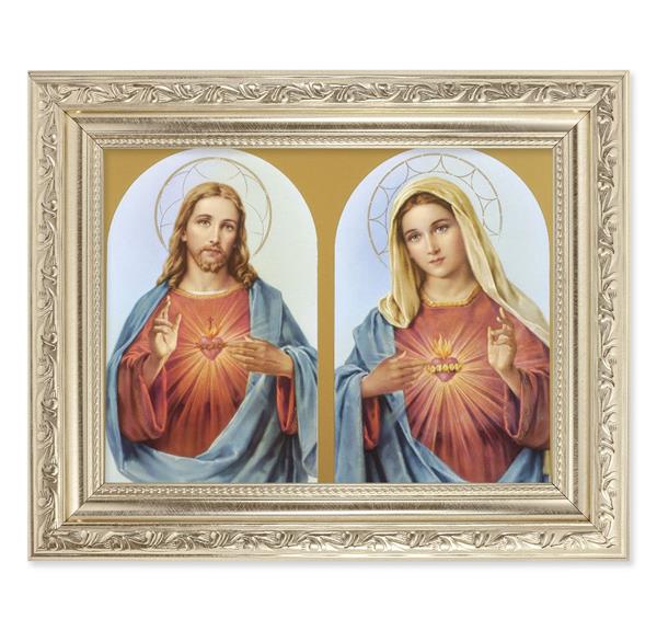 The Sacred Hearts Picture, 8-1/4"x10-1/4 Antique Silver Finish with Acanthus Leaf Detail Under Glass # 27870