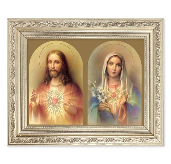 The Sacred Hearts Picture, 8-1/4"x10-1/4 Antique Silver Finish with Acanthus Leaf Detail Under Glass # 27871