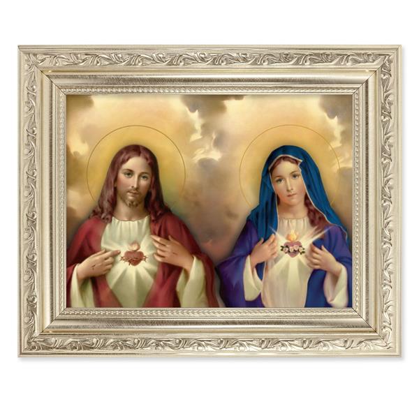 The Sacred Hearts Picture, 8-1/4"x10-1/4 Antique Silver Finish with Acanthus Leaf Detail Under Glass # 27872