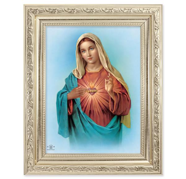 Immaculate Heart of Mary Picture, 8-1/4"x10-1/4 Antique Silver Finish with Acanthus Leaf Detail Under Glass # 27874