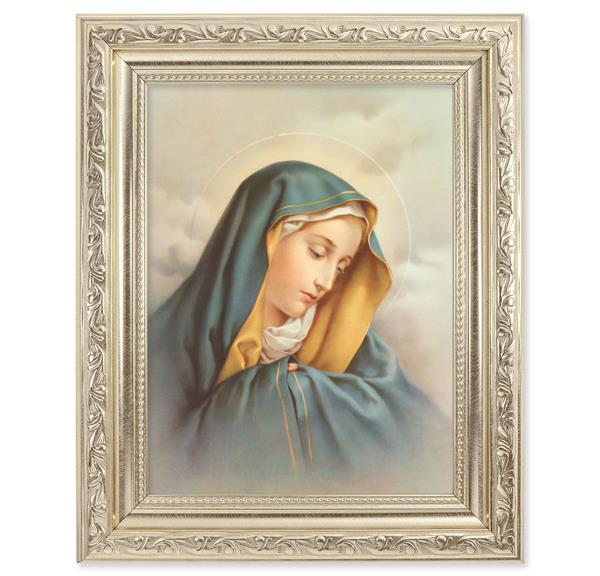 Our Lady of Sorrows Picture, 8-1/4"x10-1/4 Antique Silver Finish with Acanthus Leaf Detail Under Glass # 27877