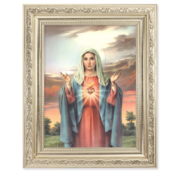 Immaculate Heart of Mary Picture, 8-1/4"x10-1/4 Antique Silver Finish with Acanthus Leaf Detail Under Glass # 27878