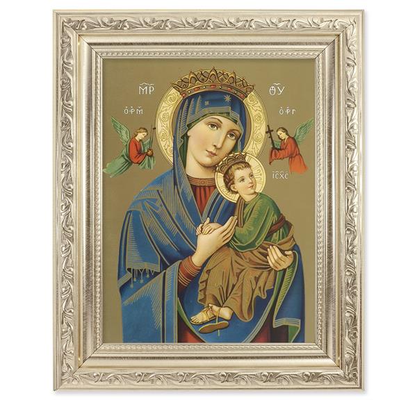 Our Lady of Perpetual Help Picture, 8-1/4"x10-1/4 Antique Silver Finish with Acanthus Leaf Detail Under Glass # 27879