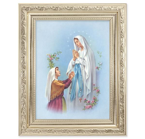 Our Lady of Lourdes Picture, 8-1/4"x10-1/4 Antique Silver Finish with Acanthus Leaf Detail Under Glass # 27880