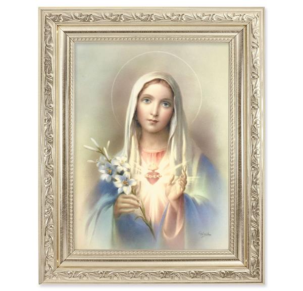Immaculate Heart of Mary Picture, 8-1/4"x10-1/4 Antique Silver Finish with Acanthus Leaf Detail Under Glass # 27881