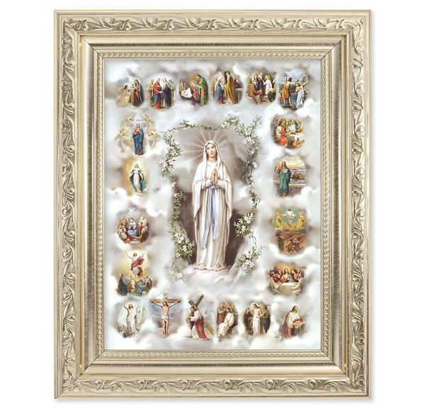 Mysteries of The Rosary Picture, 8-1/4"x10-1/4 Antique Silver Finish with Acanthus Leaf Detail Under Glass # 27882