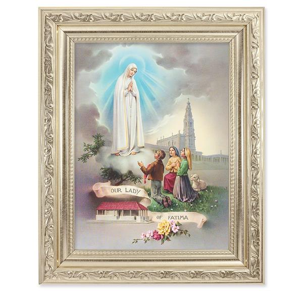 Our Lady of Fatima Picture, 8-1/4"x10-1/4 Antique Silver Finish with Acanthus Leaf Detail Under Glass # 27883