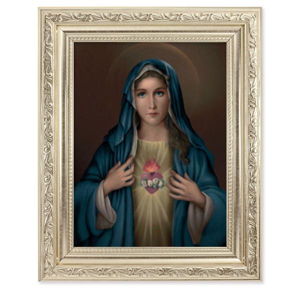 Immaculate Heart of Mary Picture, 8-1/4"x10-1/4 Antique Silver Finish with Acanthus Leaf Detail Under Glass # 27884