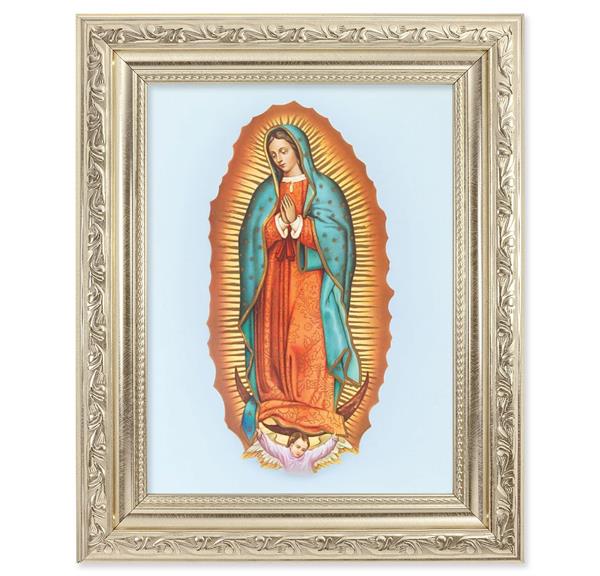 Our Lady of Guadalupe Picture, 8-1/4"x10-1/4 Antique Silver Finish with Acanthus Leaf Detail Under Glass # 27885
