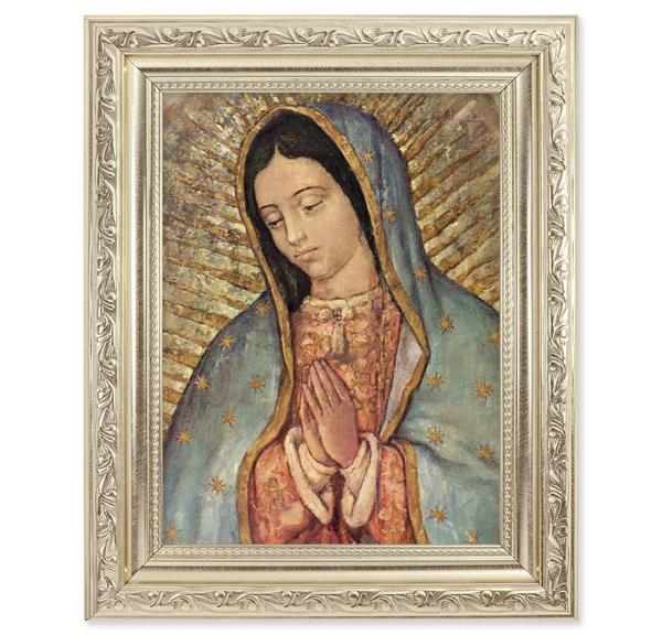 Our Lady of Guadalupe Picture, 8-1/4"x10-1/4 Antique Silver Finish with Acanthus Leaf Detail Under Glass # 27886