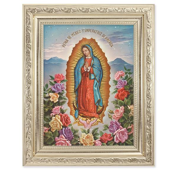 Our Lady of Guadalupe Picture, 8-1/4"x10-1/4 Antique Silver Finish with Acanthus Leaf Detail Under Glass # 27887