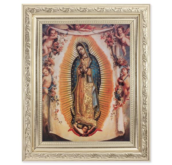 Our Lady of Guadalupe with Angels Picture, 8-1/4"x10-1/4 Antique Silver Finish with Acanthus Leaf Detail Under Glass # 27888
