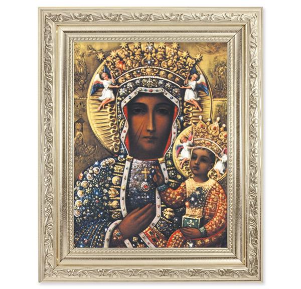 Our Lady of Czestochowa Picture, 8-1/4"x10-1/4 Antique Silver Finish with Acanthus Leaf Detail Under Glass # 27889