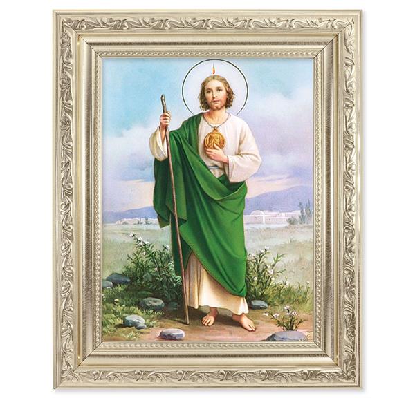 St. Jude Picture, 8-1/4"x10-1/4 Antique Silver Finish with Acanthus Leaf Detail Under Glass # 27896