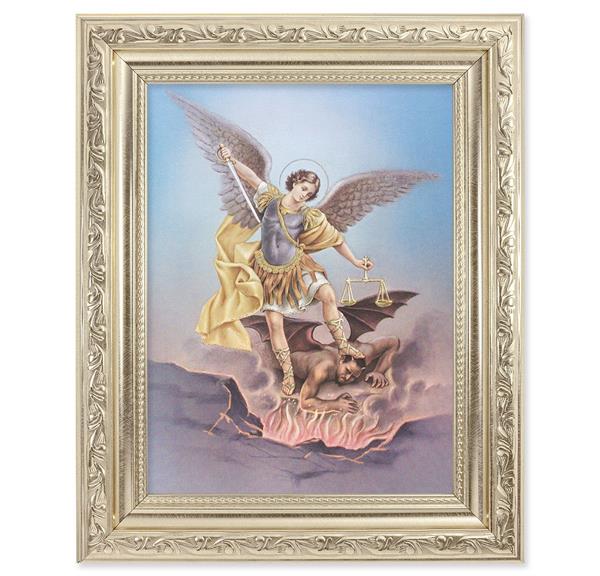 St. Michael Picture, 8-1/4"x10-1/4 Antique Silver Finish with Acanthus Leaf Detail Under Glass # 27897
