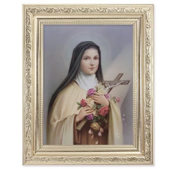 St. Therese of Lisieux Picture, 8-1/4"x10-1/4 Antique Silver Finish with Acanthus Leaf Detail Under Glass # 27898