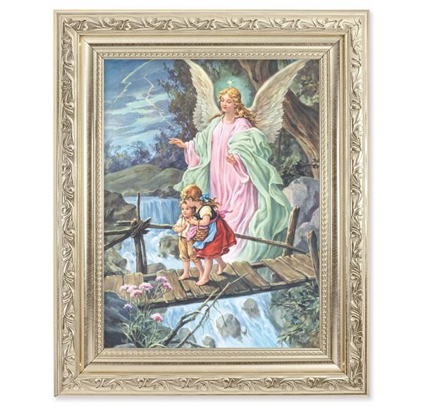 Guardian Angel with Children Picture, 8-1/4"x10-1/4 Antique Silver Finish with Acanthus Leaf Detail Under Glass # 27899