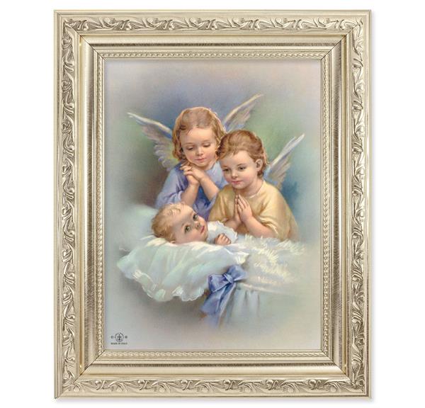 Guardian Angels & Baby Picture, 8-1/4"x10-1/4 Antique Silver Finish with Acanthus Leaf Detail Under Glass # 27900