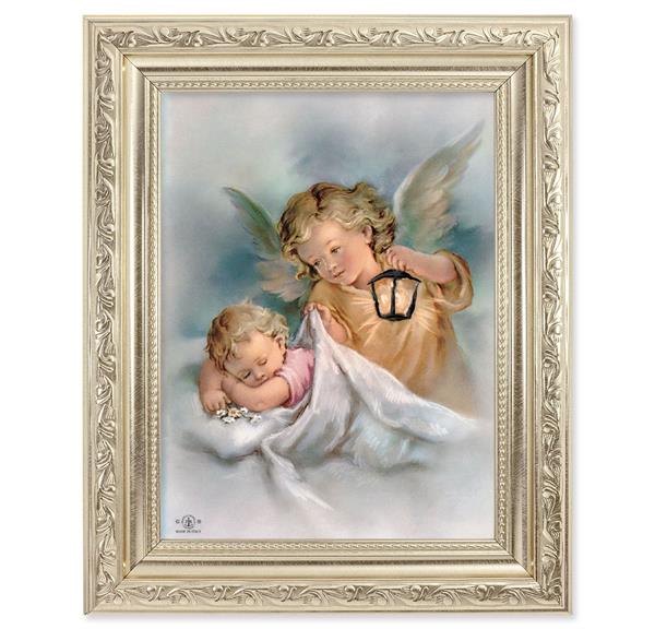 Guardian Angel with Lamp Over Baby Picture, 8-1/4"x10-1/4 Antique Silver Finish with Acanthus Leaf Detail Under Glass # 27901