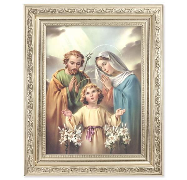 Holy Family Picture, 8-1/4"x10-1/4 Antique Silver Finish with Acanthus Leaf Detail Under Glass # 27903