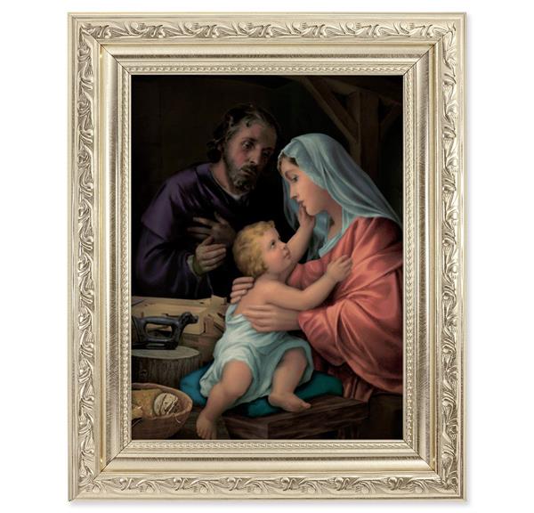 Holy Family Picture, 8-1/4"x10-1/4 Antique Silver Finish with Acanthus Leaf Detail Under Glass # 27904