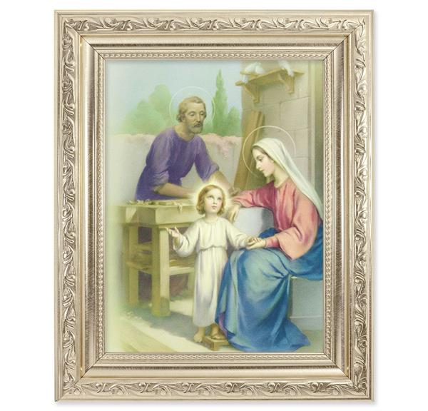 Holy Family Picture, 8-1/4"x10-1/4 Antique Silver Finish with Acanthus Leaf Detail Under Glass # 27905