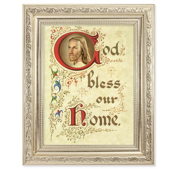 God Bless Our Home Picture, 8-1/4"x10-1/4 Antique Silver Finish with Acanthus Leaf Detail Under Glass # 27911
