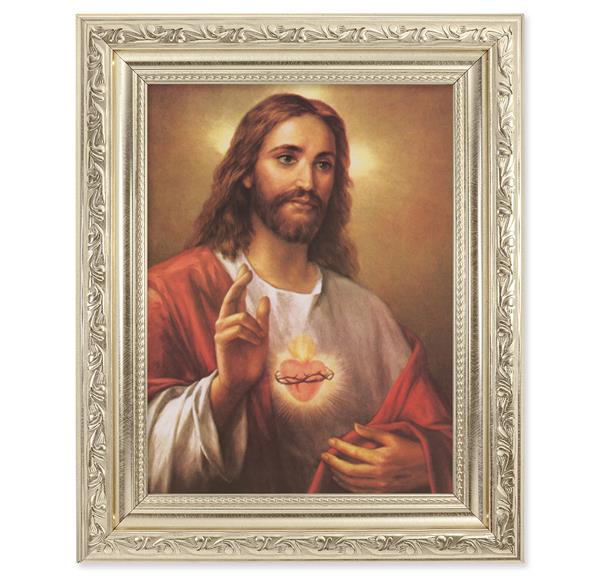 La Fuente: Sacred Heart of Jesus Picture, 8-1/4"x10-1/4 Antique Silver Finish with Acanthus Leaf Detail Under Glass # 27919